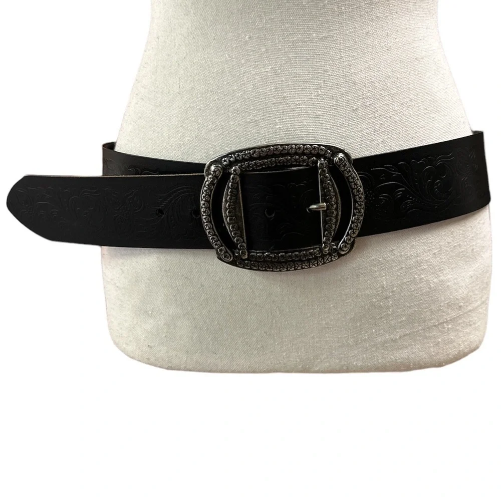 Genuine Leather Women’s Black Embossed Floral Silver Buckle Belt Medium